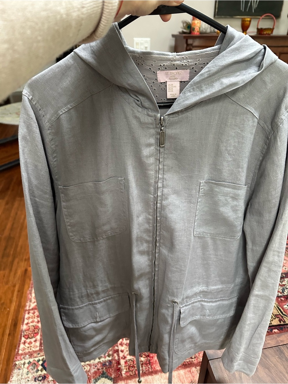 St. Tropez Women's Linen Jacket Hooded, Grey, Pockets, Size XL